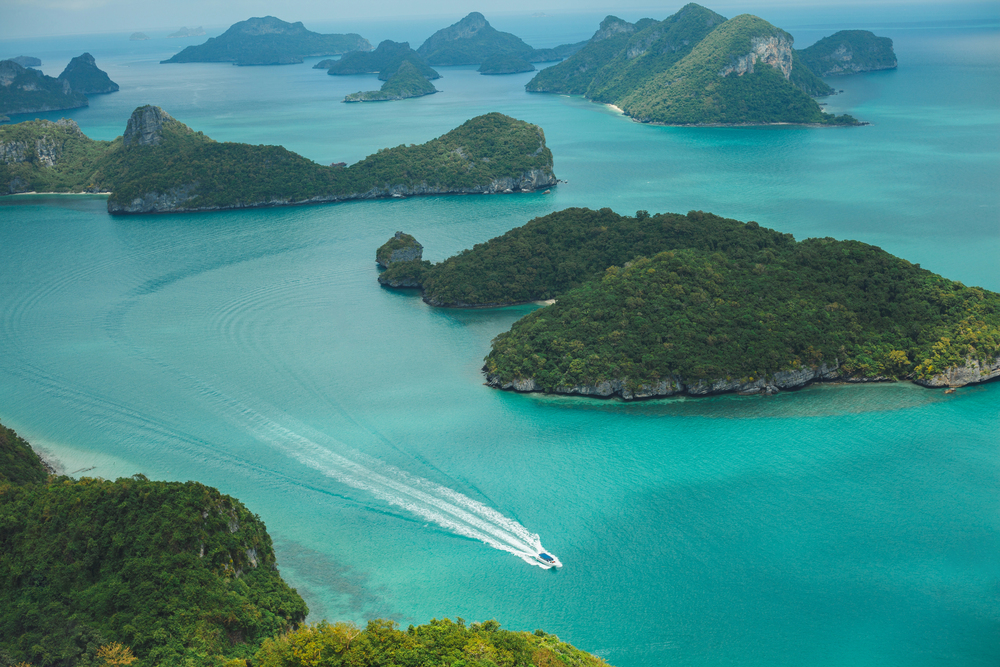 View from a mountaintop overlooking the Emerald Lake and scattered islands of Ang Thong National Marine Park near Koh Samui, Thailand